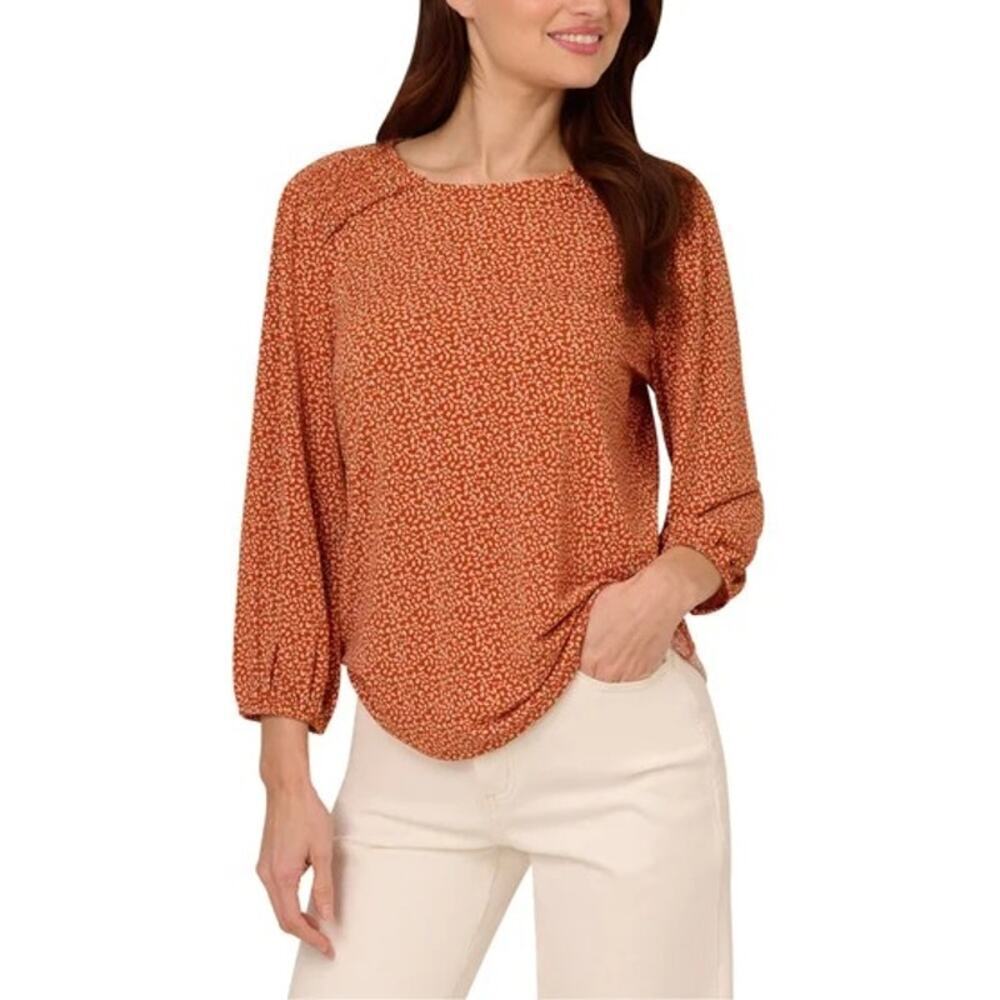 NWT Adrianna Papell Women's 3/4 Sleeve Blouse, Orange/White, Small, Fall